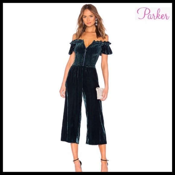 PARKER VELVET OFF-SHOULDER JUMPSUIT - Picture 1 of 8